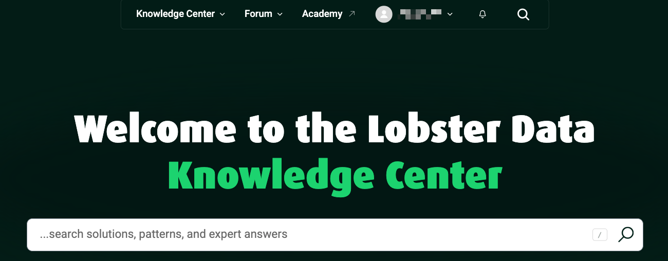 Welcome message for Lobster Data Knowledge Center with a search bar for inquiries.